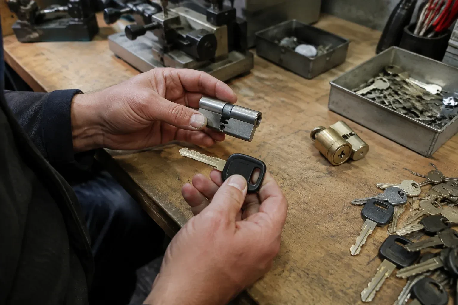 Hands holding a silver-colored lock cylinder and a black-headed key above a workbench with loose keys and another cylinder. — Spare Car Key Duplication, Norfolk County