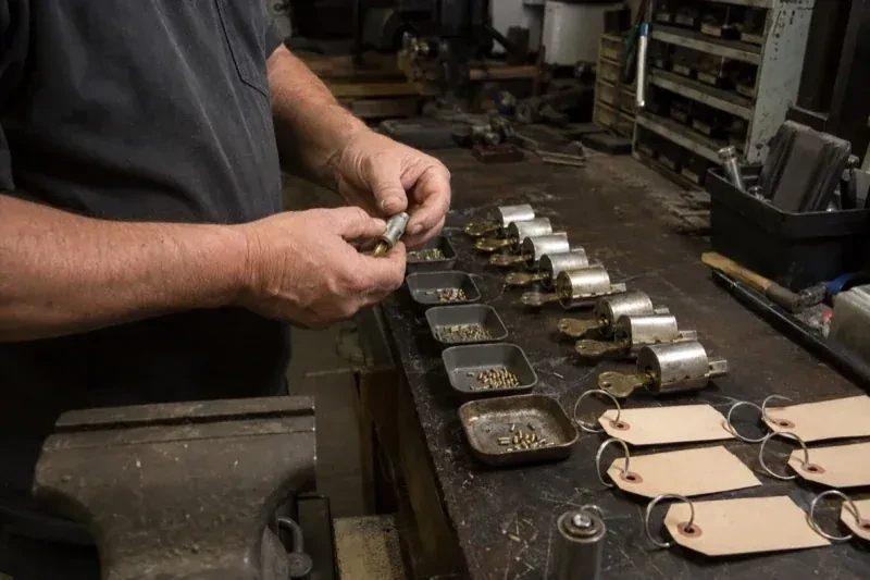 Person handling a lock cylinder at a workbench lined with cylinders, keys, small pin trays and blank key tags. — Commercial Rekeying, Norfolk County