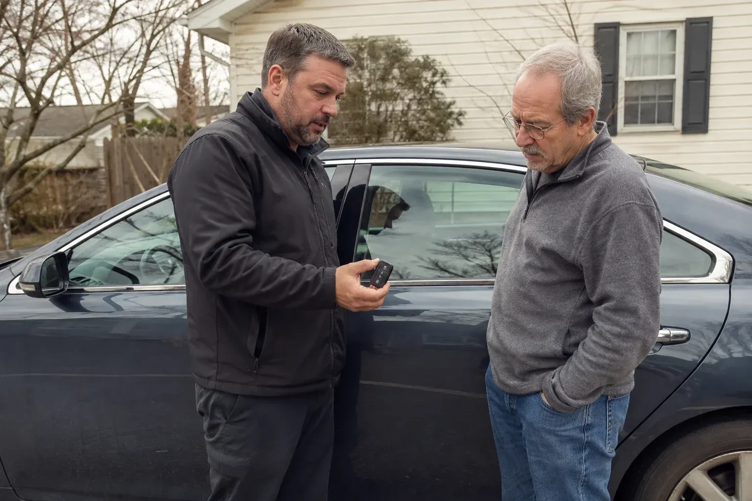 Two people beside a dark sedan, one holding up a black key fob. — Car Lockout Service, Norfolk County