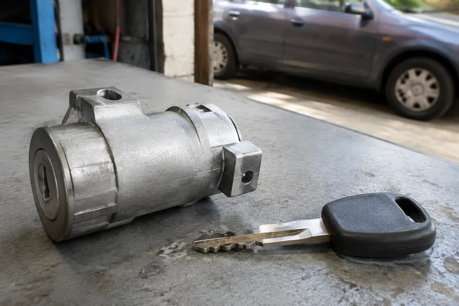 Detached cylindrical lock housing and black-headed key on an automotive workbench. — Ignition Lock Repair, Norfolk County