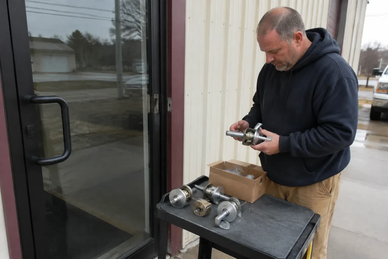 Person holding a door-handle assembly beside a glazed entrance, with more handle and lock components on a cart. — Commercial-Grade Lock Replacement, Norfolk County