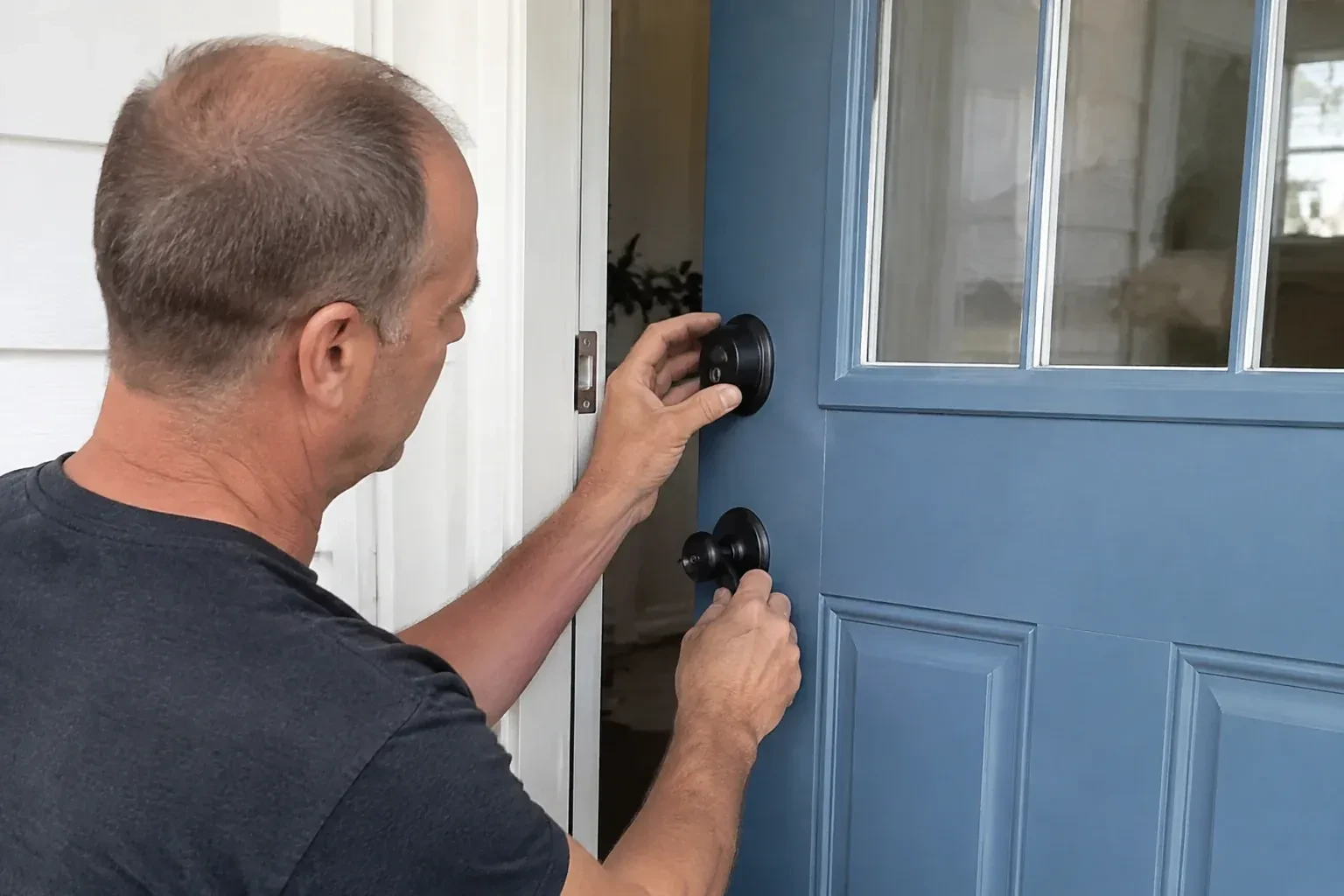 Person holding the black deadbolt and doorknob of a partly open blue front door. — Deadbolt Installation, Norfolk County