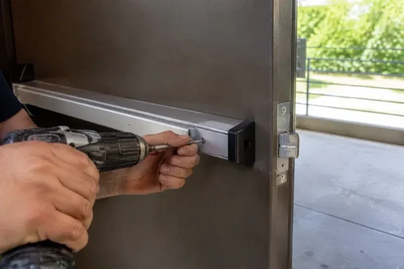 Hands using a power driver at the end of a horizontal push bar on an open metal door. — Panic & Exit Hardware, Norfolk County