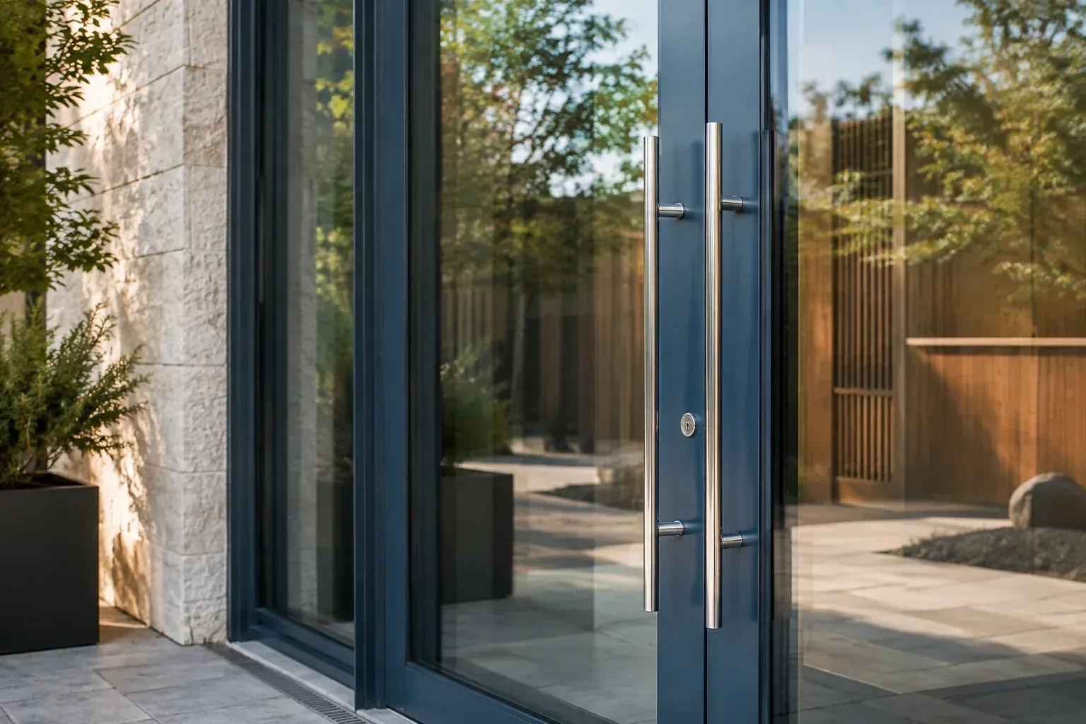 Dark-framed glass entrance doors with long silver-colored vertical pull handles and a round keyhole. — Business Lockout Service, Norfolk County