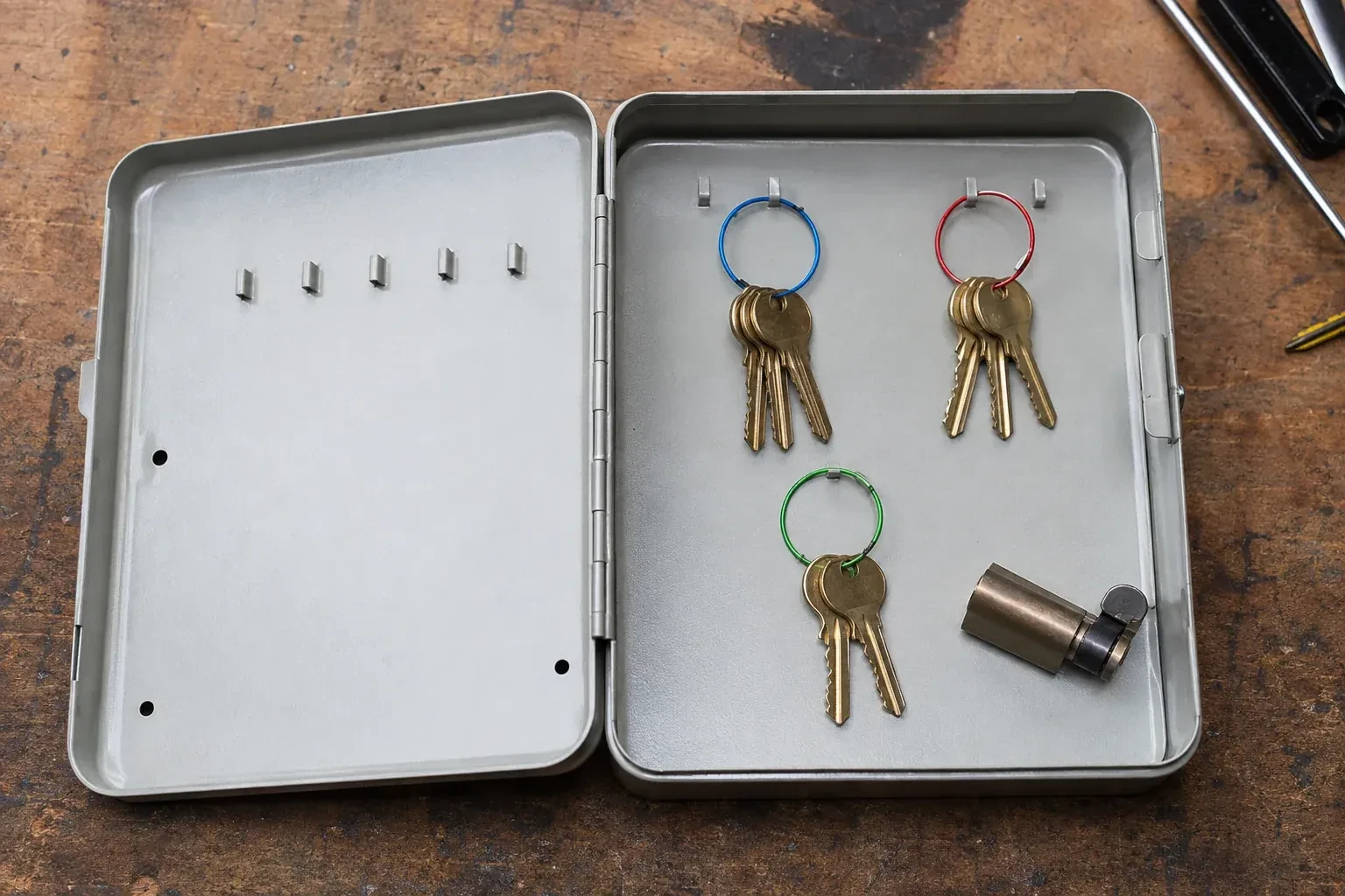 Three groups of keys on colored rings in an open metal key cabinet. — Master Key System Design, Norfolk County