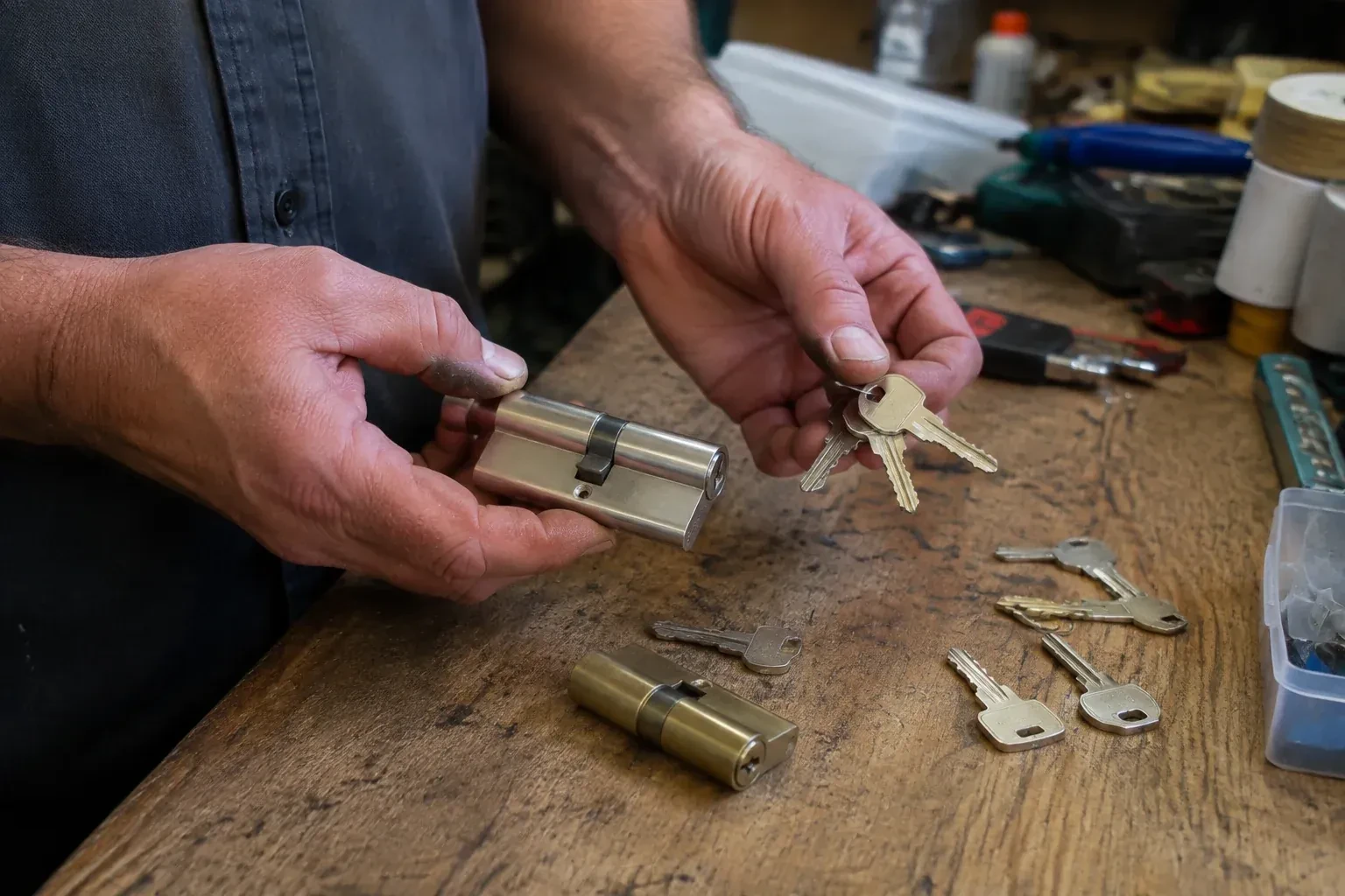 Hands holding a lock cylinder and a ring of keys above a worn workbench with another cylinder and loose keys. — Lock Rekeying, Norfolk County