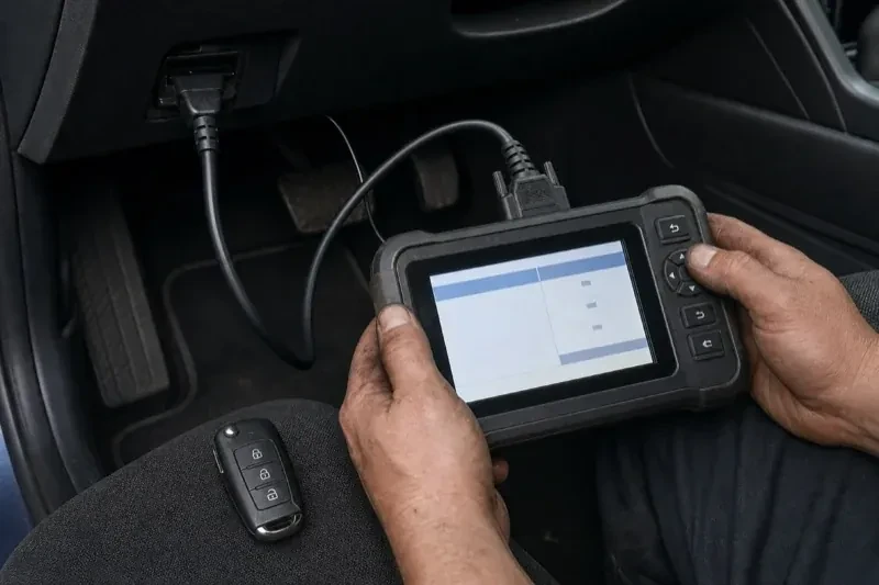 Hands holding a diagnostic tablet connected beneath a car dashboard, with a key fob resting on the person’s leg. — Key Fob Programming, Norfolk County