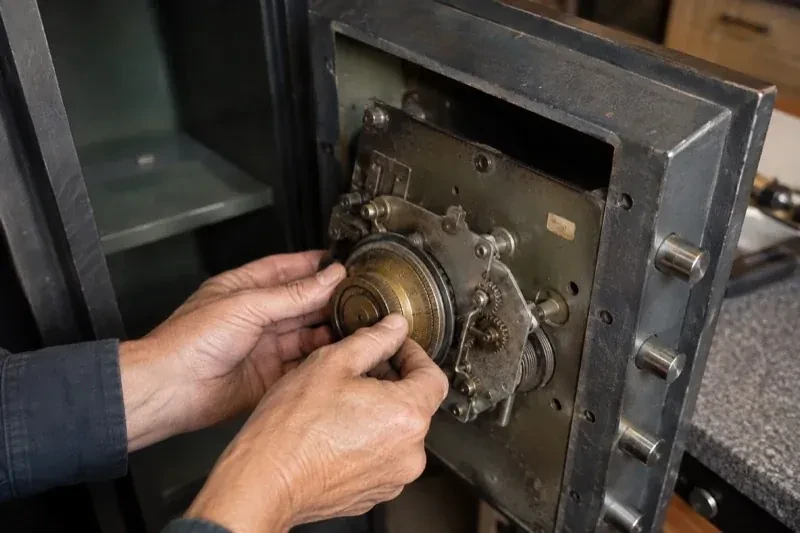 Hands holding a round metal component against the exposed mechanism inside an open safe door. — Safe Opening & Combination Change, Norfolk County
