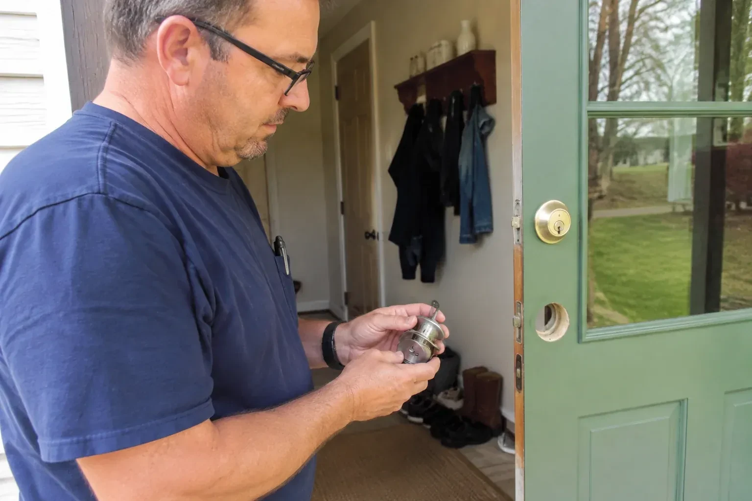 Person holding a cylindrical door-lock assembly beside an open green glazed door with its lower lock opening exposed. — Seized & Jammed Lock Opening, Norfolk County