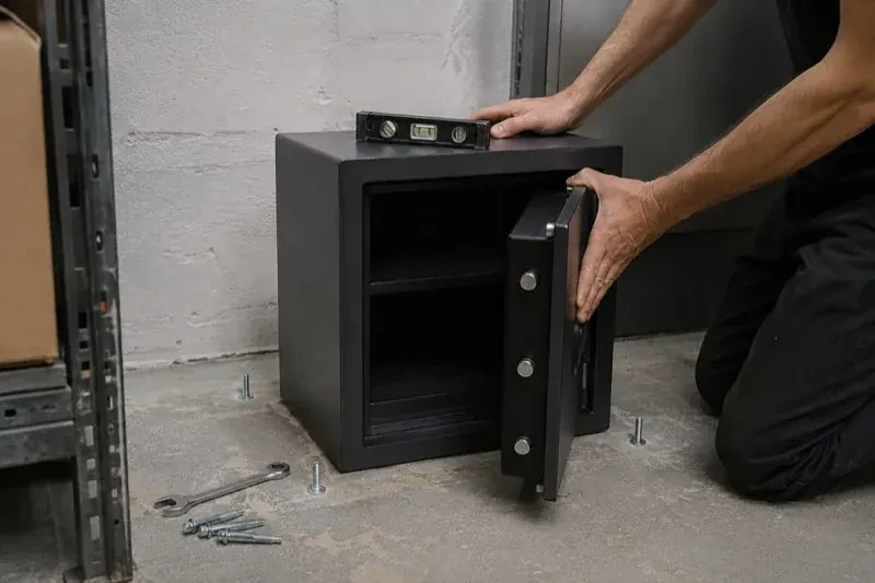 Person kneeling beside an open black safe with a spirit level on top and loose bolts and a wrench on the concrete floor. — Safe Installation & Servicing, Norfolk County