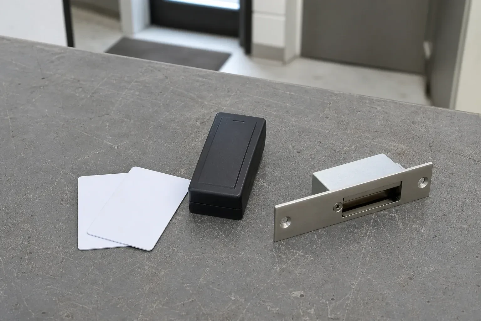 Detached card reader, two plain cards and an electric-strike component on a service bench. — Access Control Installation, Norfolk County