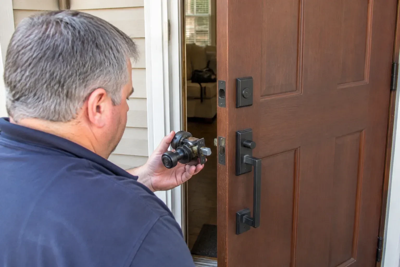 Person holding a removed black lock assembly beside a partly open brown front door with a long black pull handle. — Home Lockout Service, Norfolk County