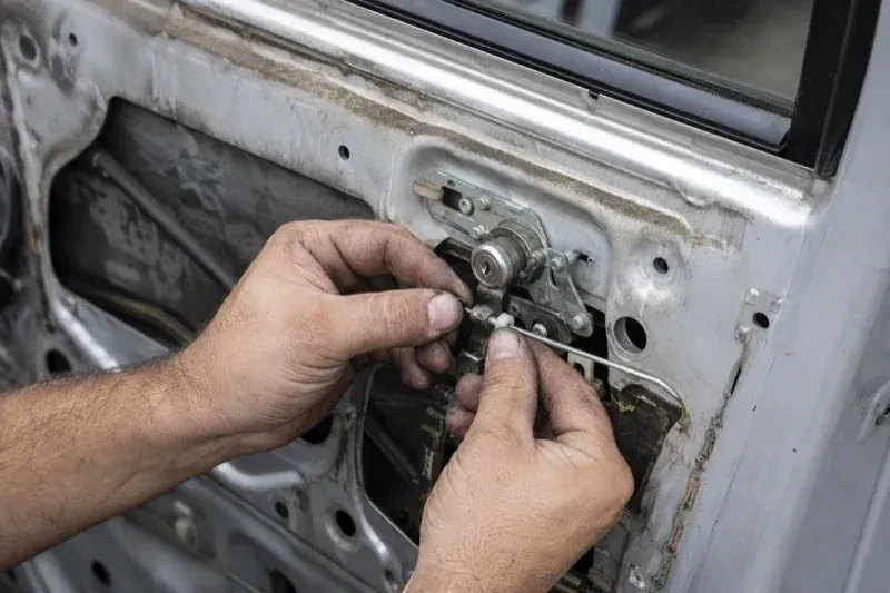 Hands holding a small linkage beside an exposed car-door lock mechanism with the interior trim removed. — Vehicle Lock Repair, Norfolk County