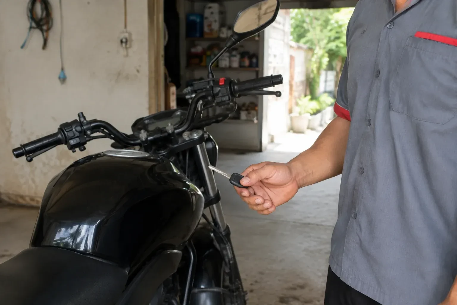 Technician holding a black-headed key beside a parked motorcycle. — Motorcycle & Scooter Keys, Norfolk County