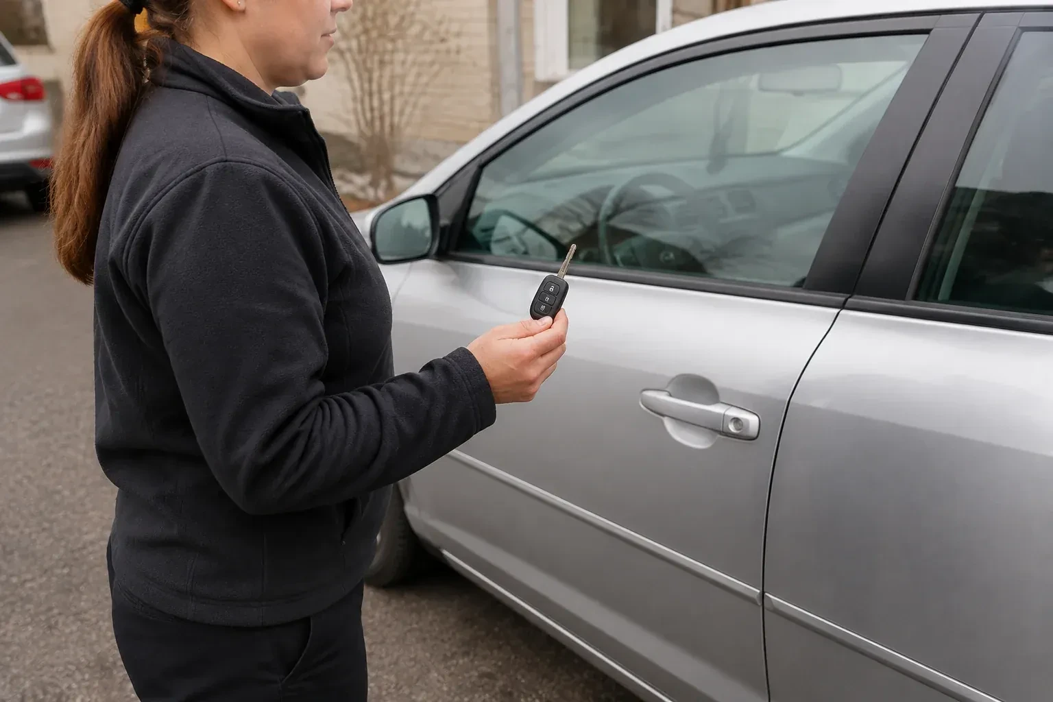 Technician holding a remote key with an extended blade beside a silver car. — Car Key Replacement, Norfolk County